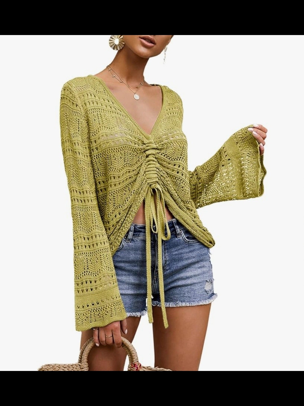 Saodimallsu Womens Soft Boho Sheer Bell Sleeve Flowy Oversized Crochet Sweater